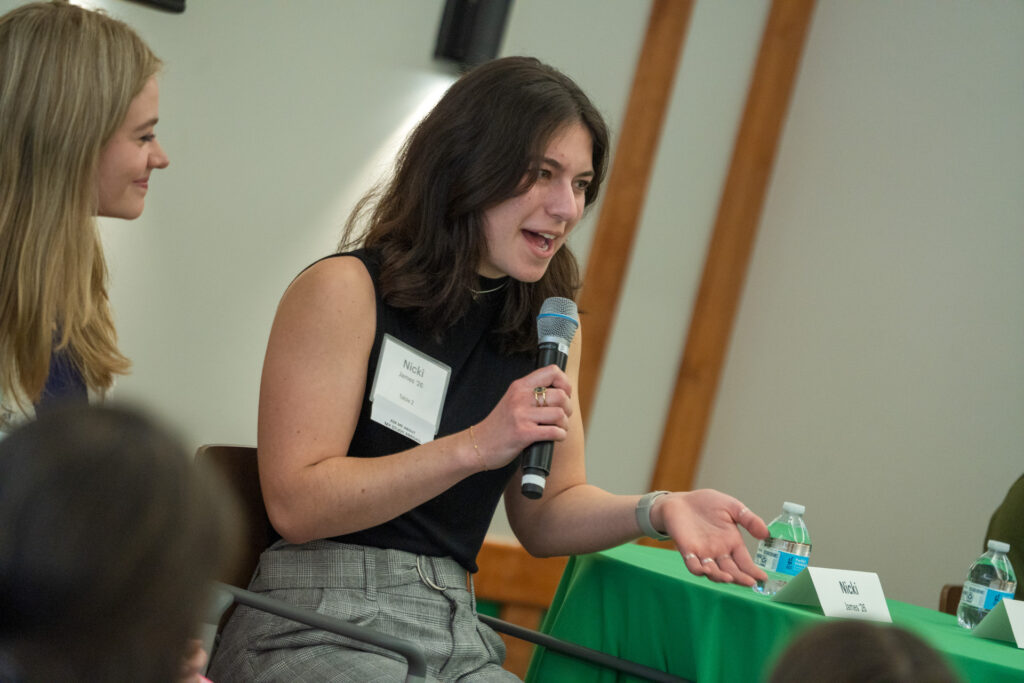 Nicki James giving a speech.