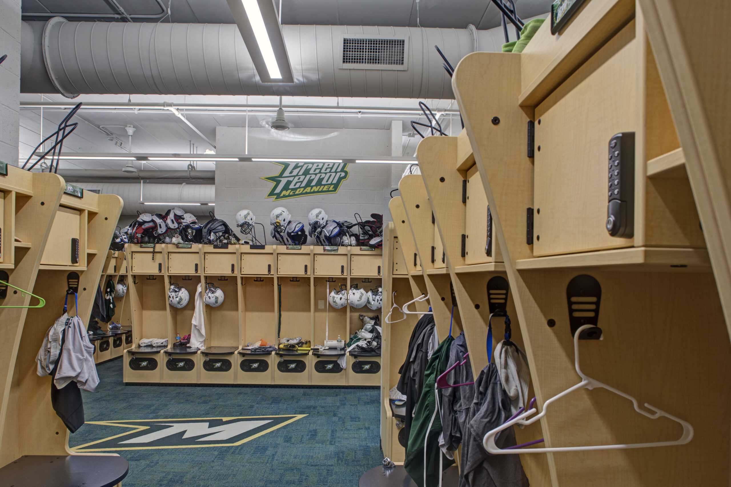 The mens locker room in Gill Center.
